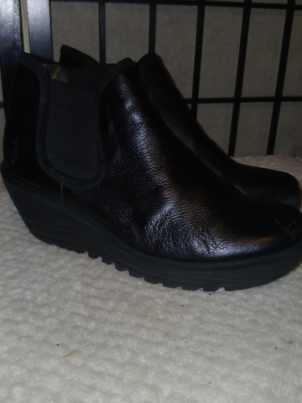 Fly London Black Leather Wedge Ankle Booties